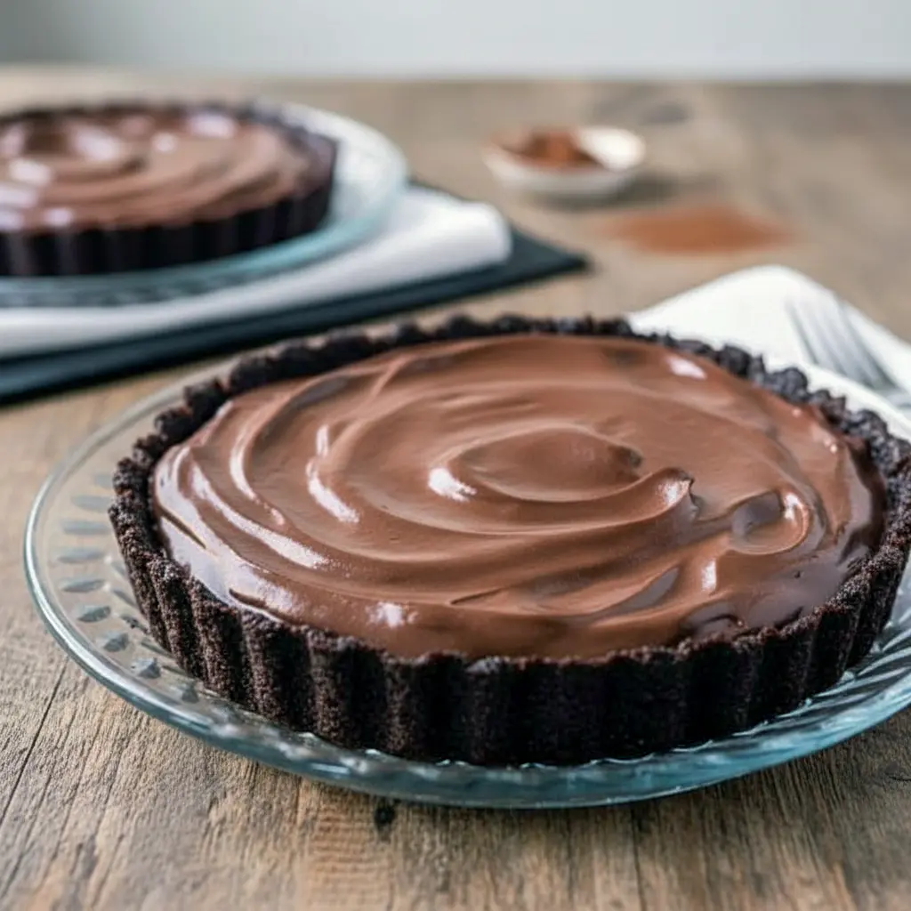 Single-serve chocolate silk pie in a small dish, topped with whipped cream and chocolate shavings — a rich, no-bake low-carb dessert, Keto French Silk Pie.