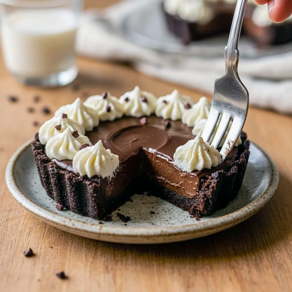 Single-serve chocolate silk pie in a small dish, topped with whipped cream and chocolate shavings — a rich, no-bake low-carb dessert, Keto French Silk Pie.