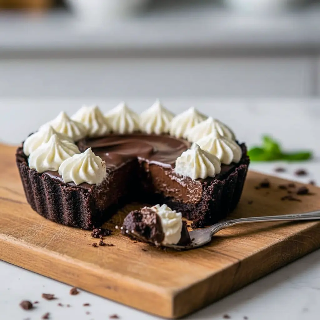 Single-serve chocolate silk pie in a small dish, topped with whipped cream and chocolate shavings — a rich, no-bake low-carb dessert, Keto French Silk Pie.