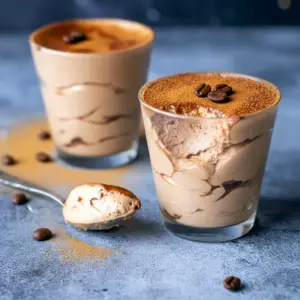 Close-up of a layered chocolate-coffee mousse in a glass, dusted with cocoa and topped with a coffee bean — a decadent Keto Tiramisu that reads like a Keto Chocolate Cheesecake Mousse and works as a quick Keto Tiramisu Recipe Without Mascarpone, Keto Tiramisu Mousse.