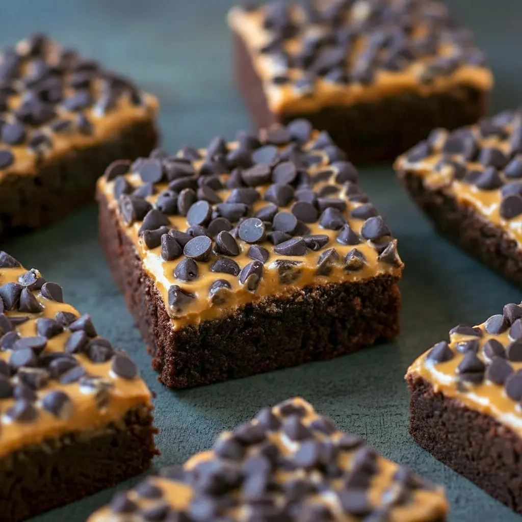 Stacked pumpkin-chocolate brownie bars on parchment, topped with a smear of peanut butter and sprinkled mini chocolate chips, Pumpkin Workout Brownies.