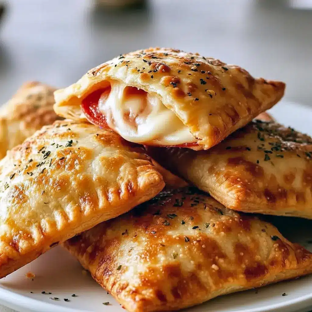 Golden baked pizza pockets with melted cheese oozing and a small bowl of marinara for dipping.