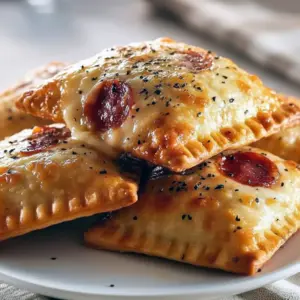 Golden baked pizza pockets with melted cheese oozing and a small bowl of marinara for dipping.