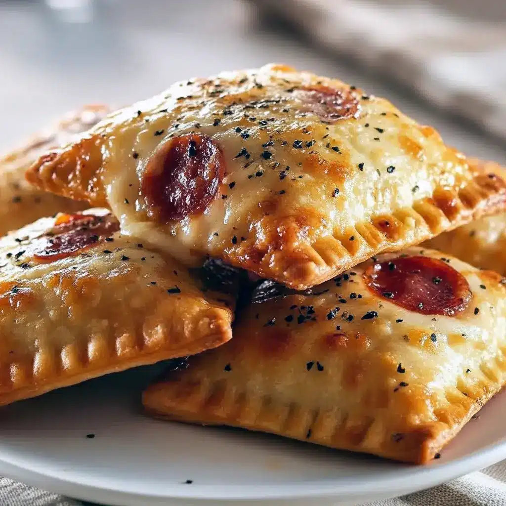 Golden baked pizza pockets with melted cheese oozing and a small bowl of marinara for dipping.