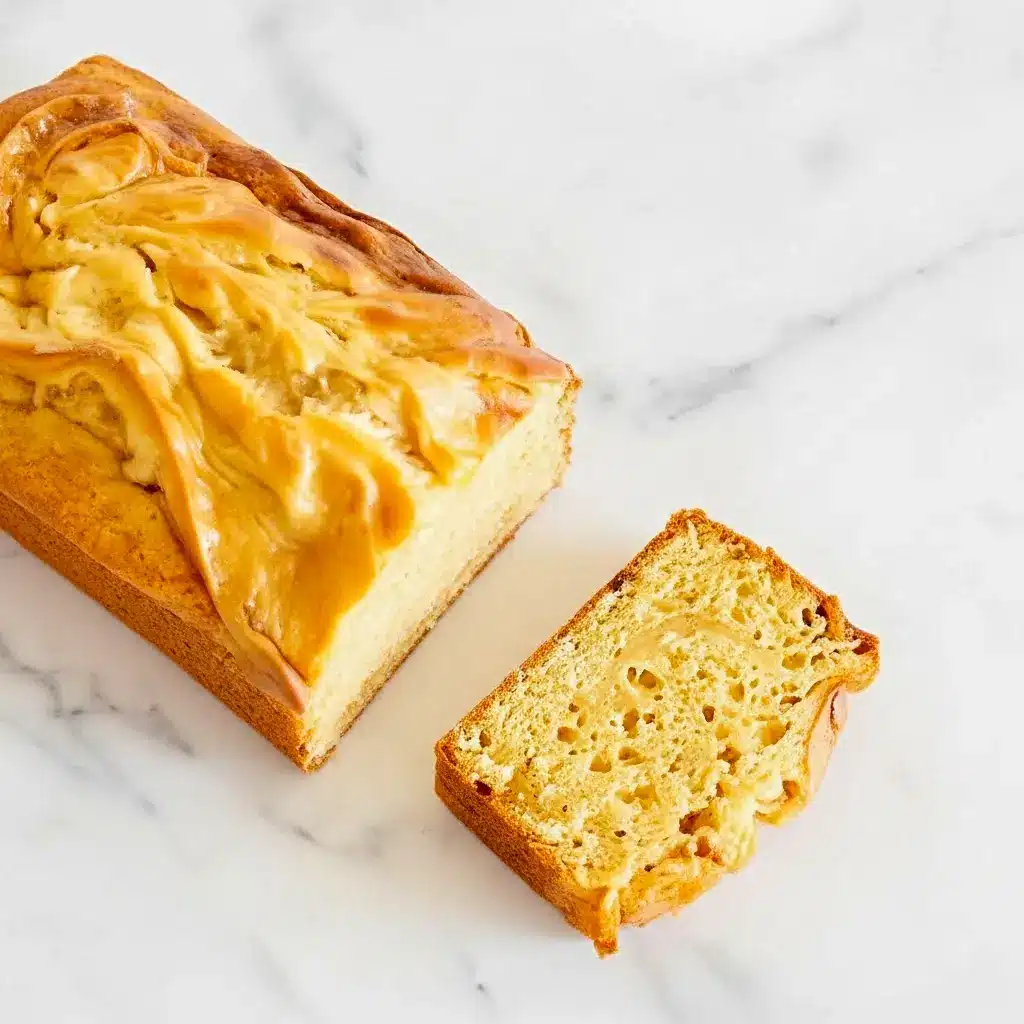 Sliced golden loaf revealing a creamy cheesecake swirl and caramel ribbons, drizzled with glossy caramel — warm breakfast or dessert loaf, Quick Caramel Cream Cheese Bread.