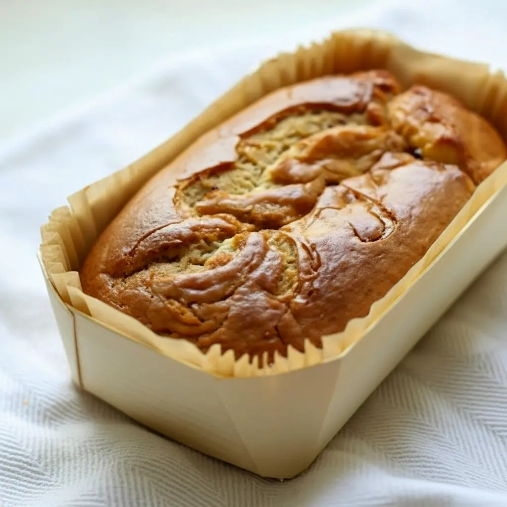 Sliced golden loaf revealing a creamy cheesecake swirl and caramel ribbons, drizzled with glossy caramel — warm breakfast or dessert loaf, Quick Caramel Cream Cheese Bread.