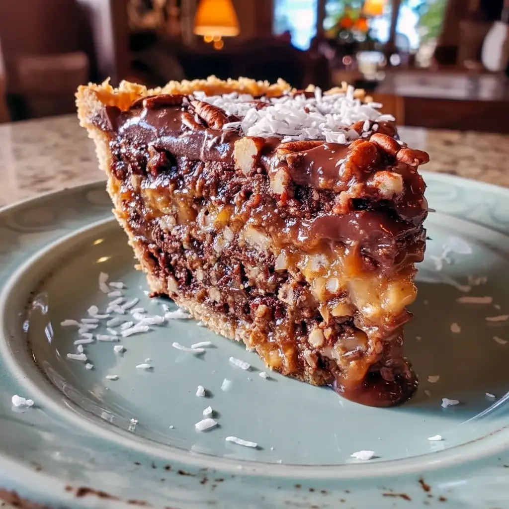 Glossy chocolate pie slice on a white plate with coconut-pecan topping and Oreo crust, Chocolate Almond Pie inspiration meets a Decadent Chocolate Pie vibe, nodding to a mini 7 Layer Pie and written as a simple German Pie Recipe for lovers of German Chocolate Desserts Easy, No Bake German Choc Pie.