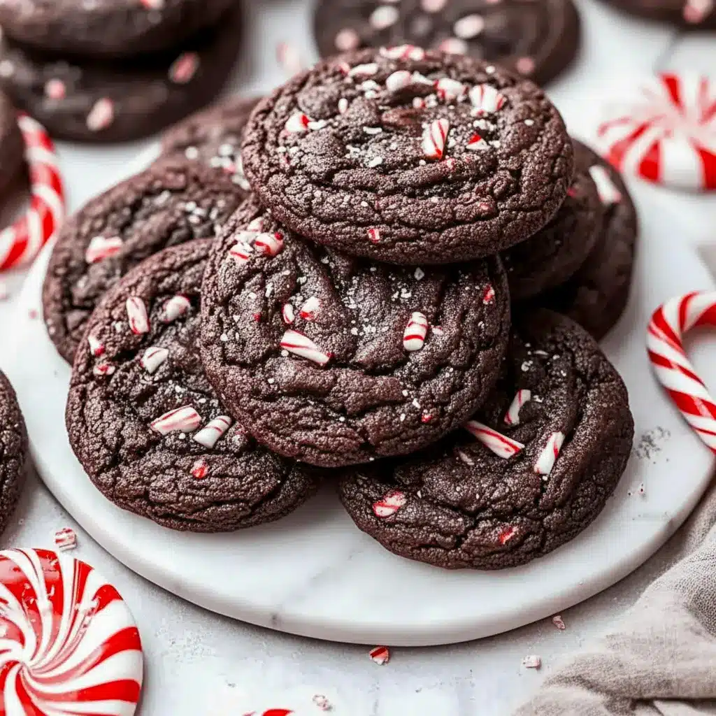 Chocolate Peppermint Christmas Cookies — stack of glossy double-chocolate cookies dotted with peppermint chips and crushed candy cane on a parchment-lined tray.