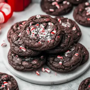 Chocolate Peppermint Christmas Cookies — stack of glossy double-chocolate cookies dotted with peppermint chips and crushed candy cane on a parchment-lined tray.