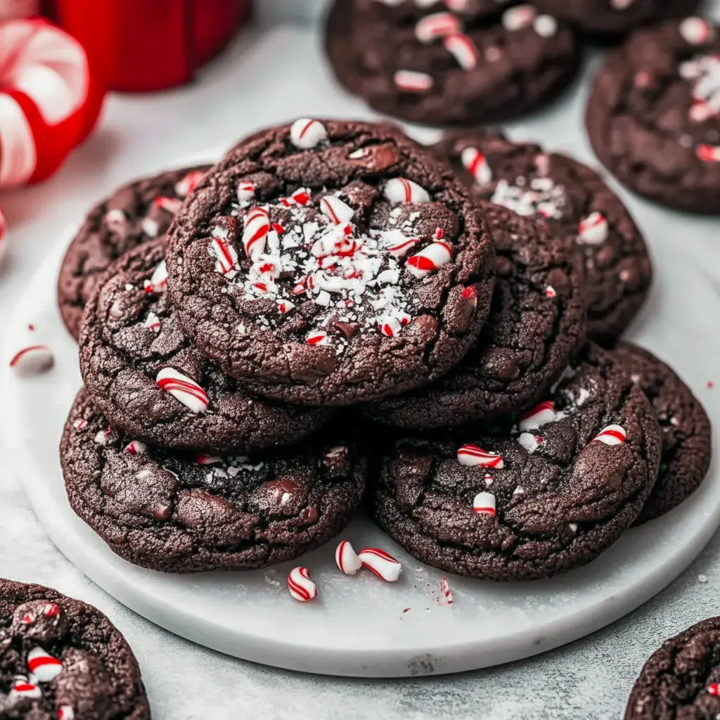 Chocolate Peppermint Christmas Cookies — stack of glossy double-chocolate cookies dotted with peppermint chips and crushed candy cane on a parchment-lined tray.