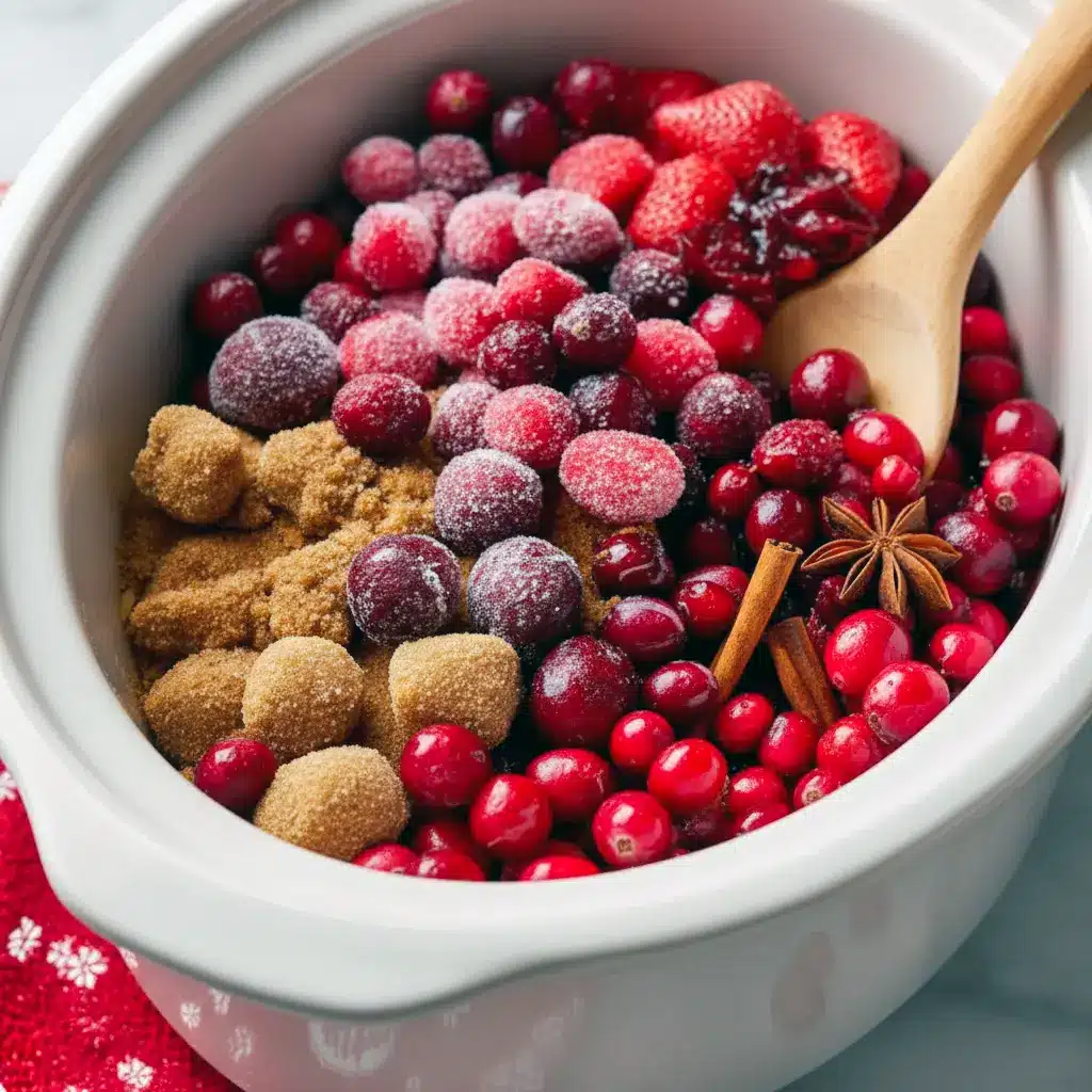 Mason jars of bright cranberry-strawberry jam next to a crockpot, cinnamon sticks, and a wooden spoon, Easy Christmas Jam Recipes.