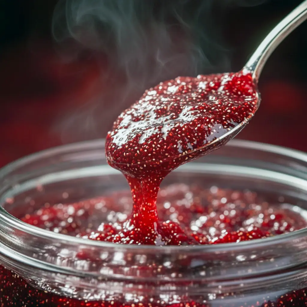 Mason jars of bright cranberry-strawberry jam next to a crockpot, cinnamon sticks, and a wooden spoon, Easy Christmas Jam Recipes.