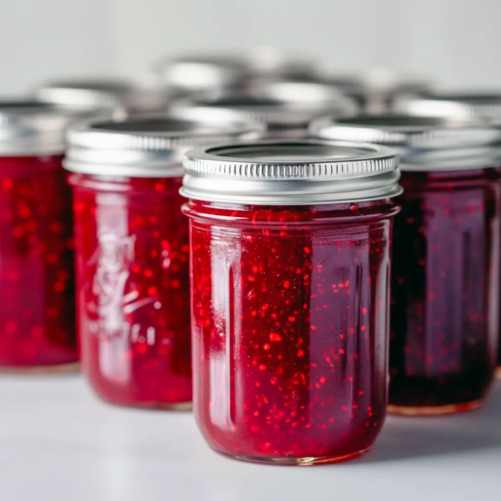 Mason jars of bright cranberry-strawberry jam next to a crockpot, cinnamon sticks, and a wooden spoon, Easy Christmas Jam Recipes.