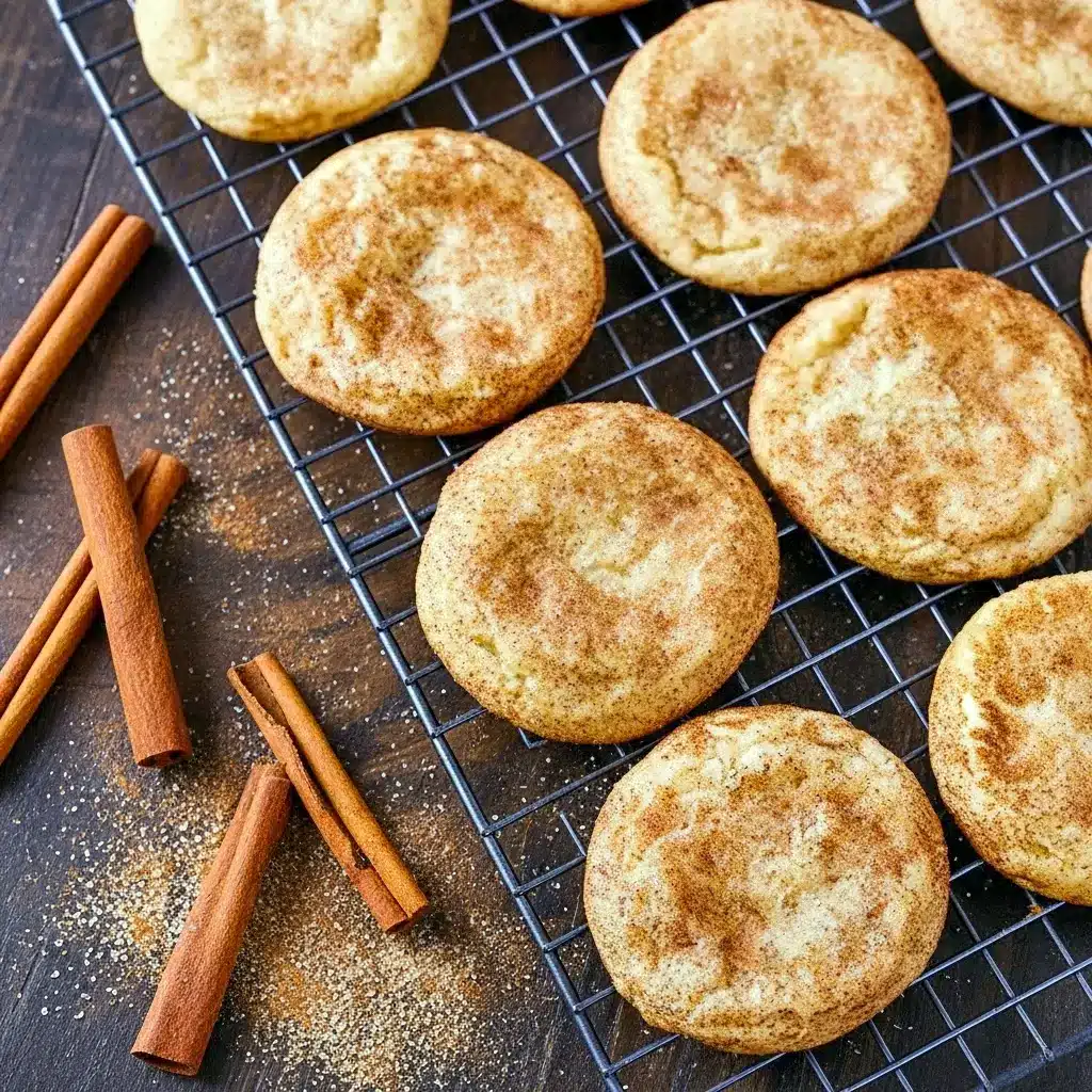 A stack of freshly baked snickerdoodle cookies dusted in cinnamon sugar, showing soft centers and crackled tops on a cooling rack, Soft And Chewy Snickerdoodle Cookies Recipe.