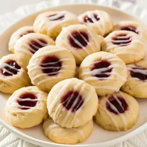 Raspberry Almond Shortbread Cookies — golden shortbread rounds with glossy raspberry jam centers and a light almond-scented glaze on a festive plate.