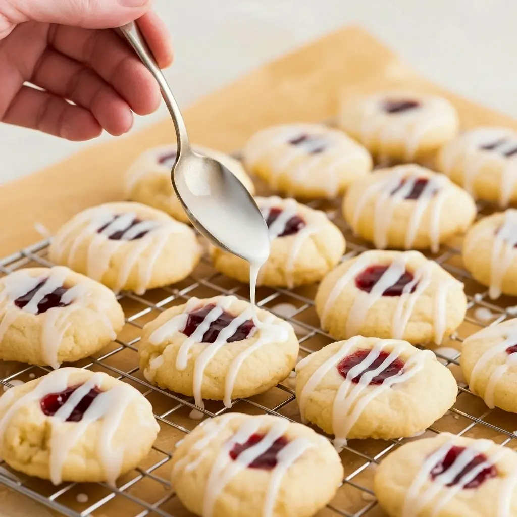 Raspberry Almond Shortbread Cookies — golden shortbread rounds with glossy raspberry jam centers and a light almond-scented glaze on a festive plate.