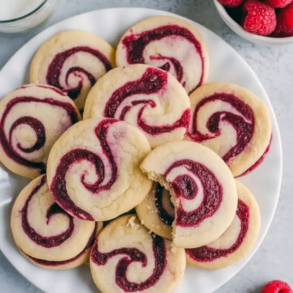 Close-up of golden shortbread rounds with raspberry swirls, some finished with a thin chocolate drizzle, arranged on a festive holiday plate, Christmas Cookies.
