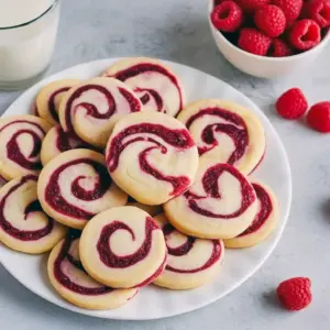 Close-up of golden shortbread rounds with raspberry swirls, some finished with a thin chocolate drizzle, arranged on a festive holiday plate, Christmas Cookies.