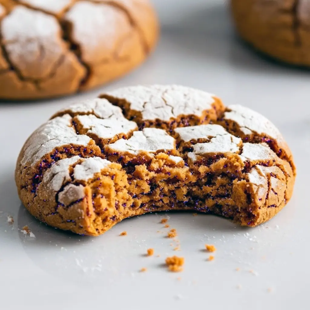 Close-up of powdered-sugar-coated gingerbread crinkle cookies with deep cracks, cooling on a wire rack, Christmas Desserts Traditional.