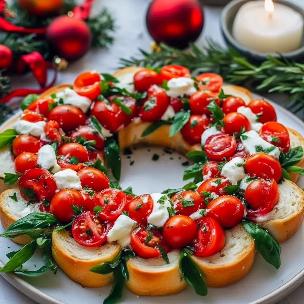 Round platter of toasted baguette rounds topped with tomato-basil and ricotta mixture, arranged like a festive wreath and garnished with rosemary and pomegranate seeds, Christmas Party Food To Share.