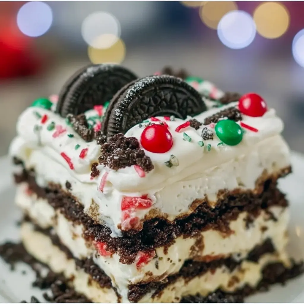 Close-up of a sliced no-bake Oreo lasagna showing distinct Oreo crust, creamy layers, and festive sprinkles — a great example of Christmas Dessert Ideas Easy Simple and a no-oven twist on Christmas Dessert Ideas Cake, ideal for Christmas Desserts Chocolate lovers and one of the best Christmas No Bake Desserts, Festive Christmas Desserts.