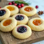 Close-up of soft, golden thumbprint cookies filled with glossy raspberry jam, arranged on a festive plate, Christmas Simple Desserts.