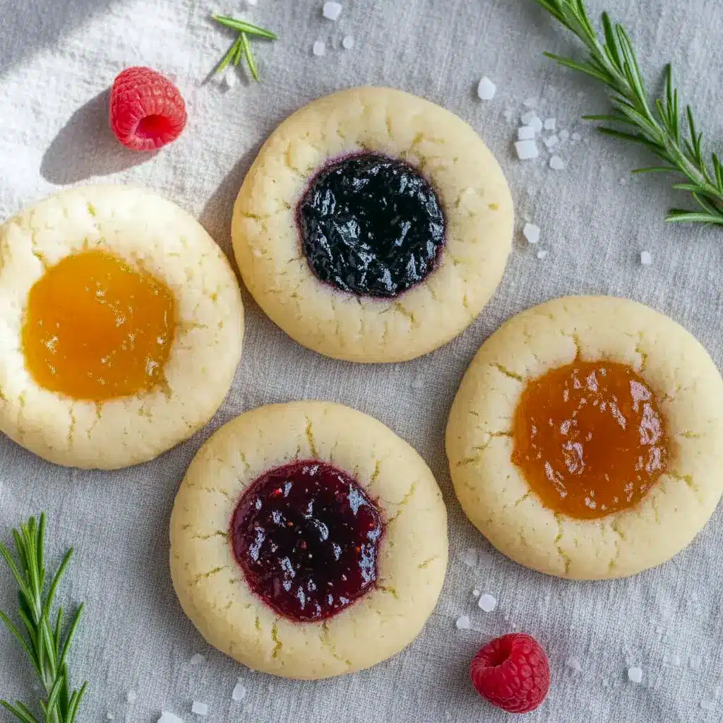 Close-up of soft, golden thumbprint cookies filled with glossy raspberry jam, arranged on a festive plate, Christmas Simple Desserts.