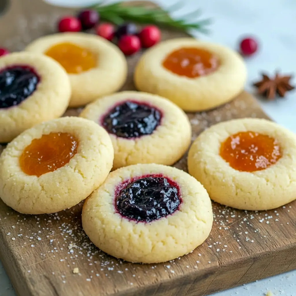Close-up of soft, golden thumbprint cookies filled with glossy raspberry jam, arranged on a festive plate, Christmas Simple Desserts.