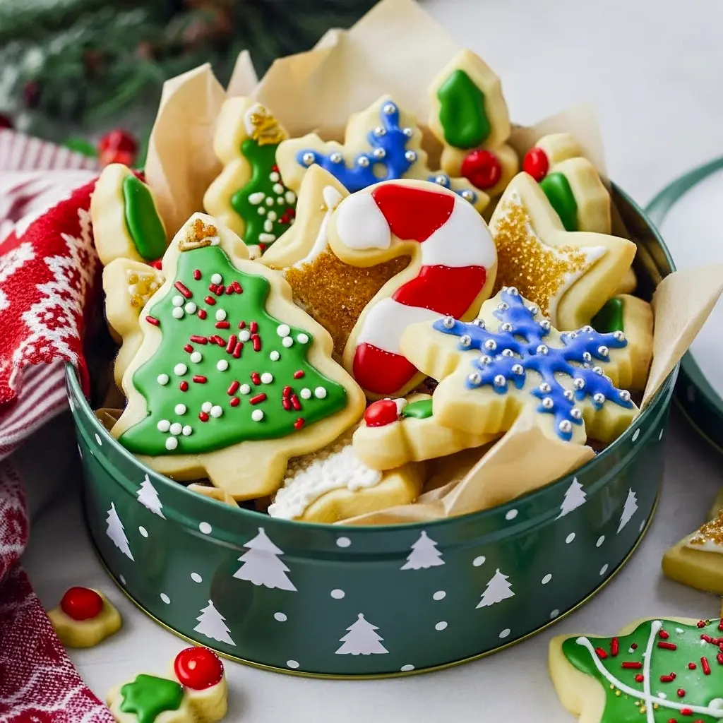 Assorted thick, soft cutout sugar cookies iced with pastel royal icing and snowflake sprinkles on a white cooling rack, Soft Cutout Sugar Cookie Recipe.