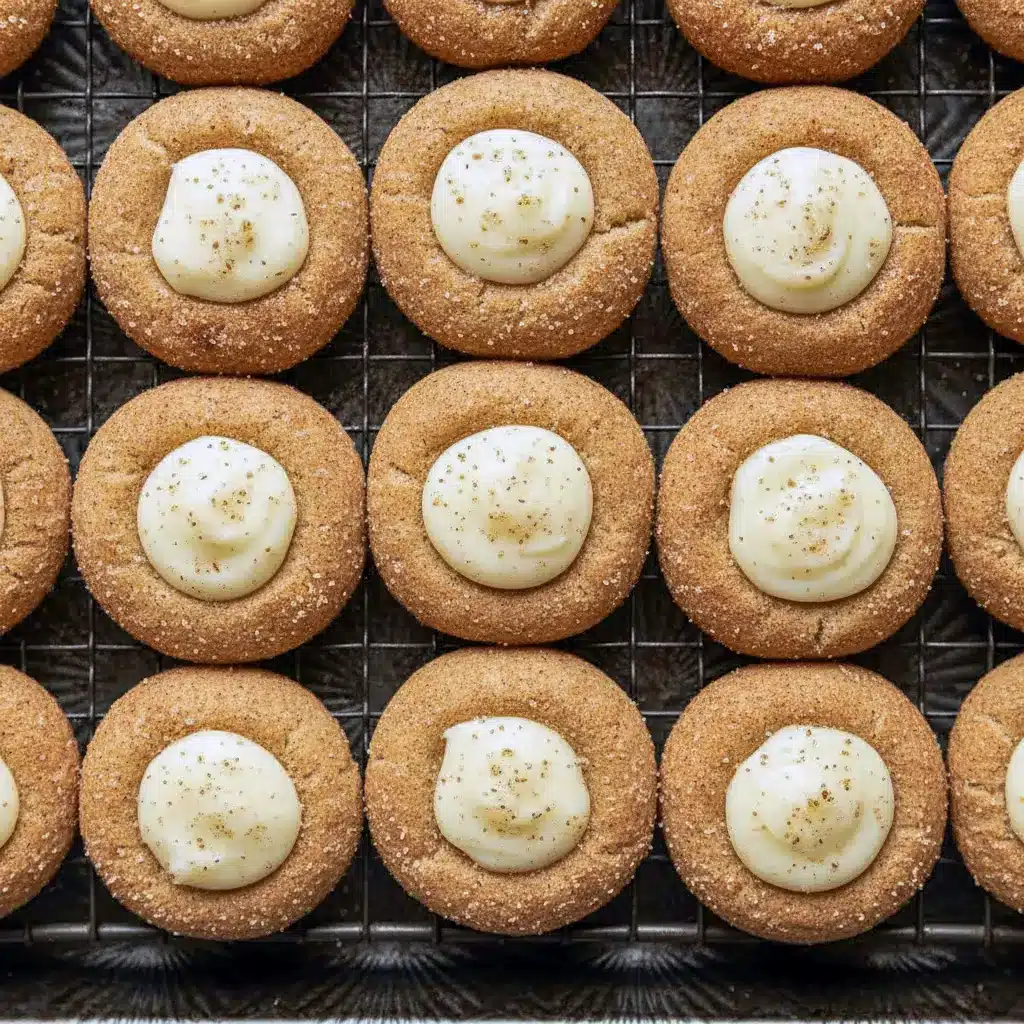 Cinnamon-sugar snickerdoodle thumbprint cookies filled with creamy white eggnog ganache and topped with grated nutmeg on a cooling rack, The Best Holiday Cookies.