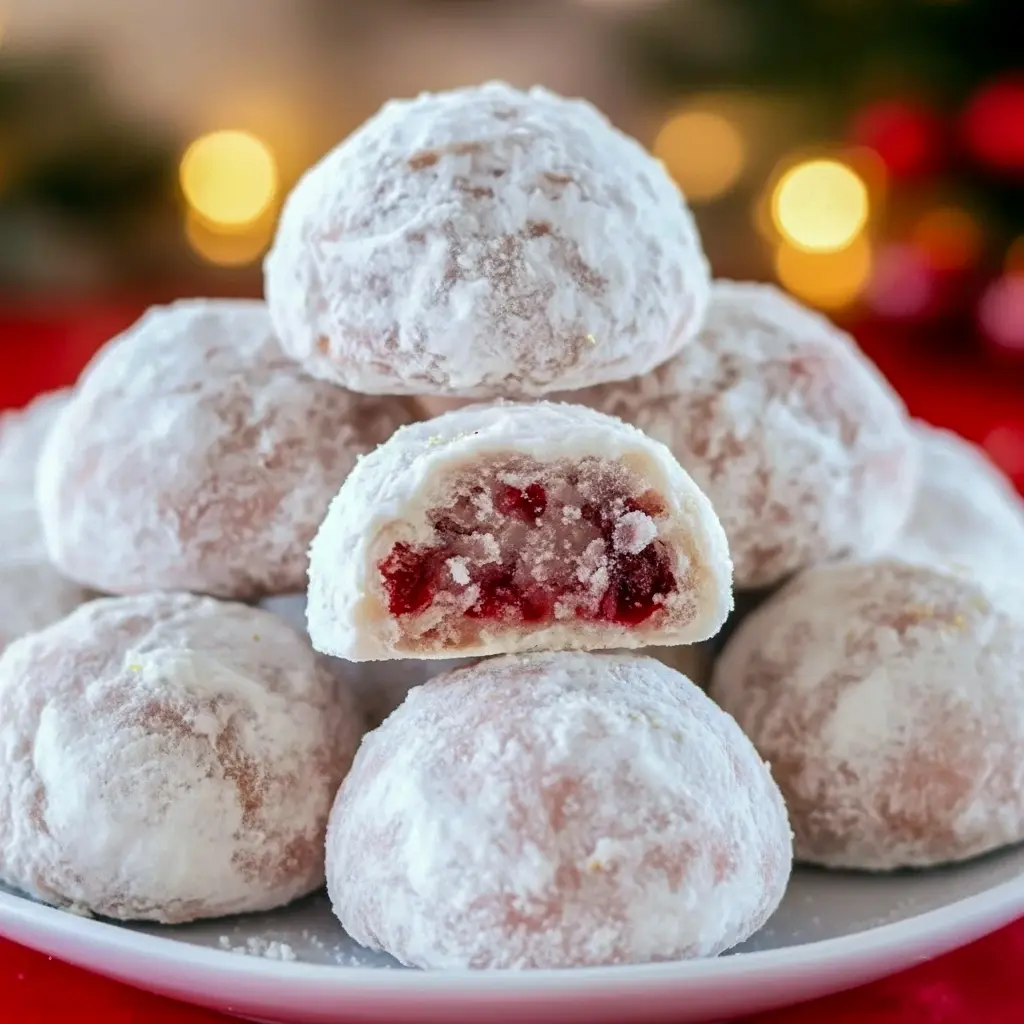 Close-up of powdered-sugar coated cherry cookies on a festive plate, with chopped pecans and red holiday sprinkles, Cherry Snowball Cookies Recipe.