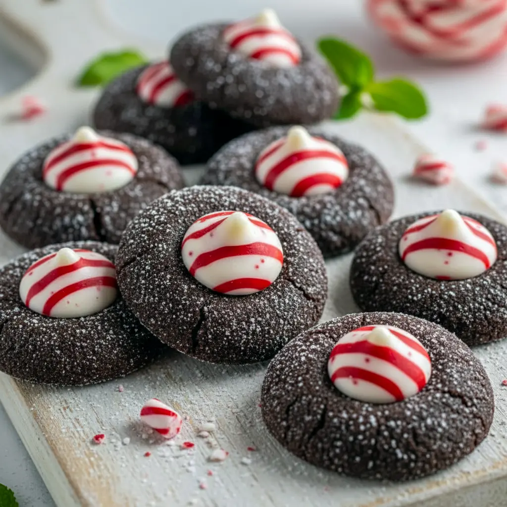 Close-up of a fudgy cookie with a white-striped Kiss pressed into the warm center, showcasing Chocolate Mint Blossoms with crushed candy cane, seasonal Peppermint Blossoms sparkle, and a single Peppermint Blossom in front, Chocolate Peppermint Blossoms.