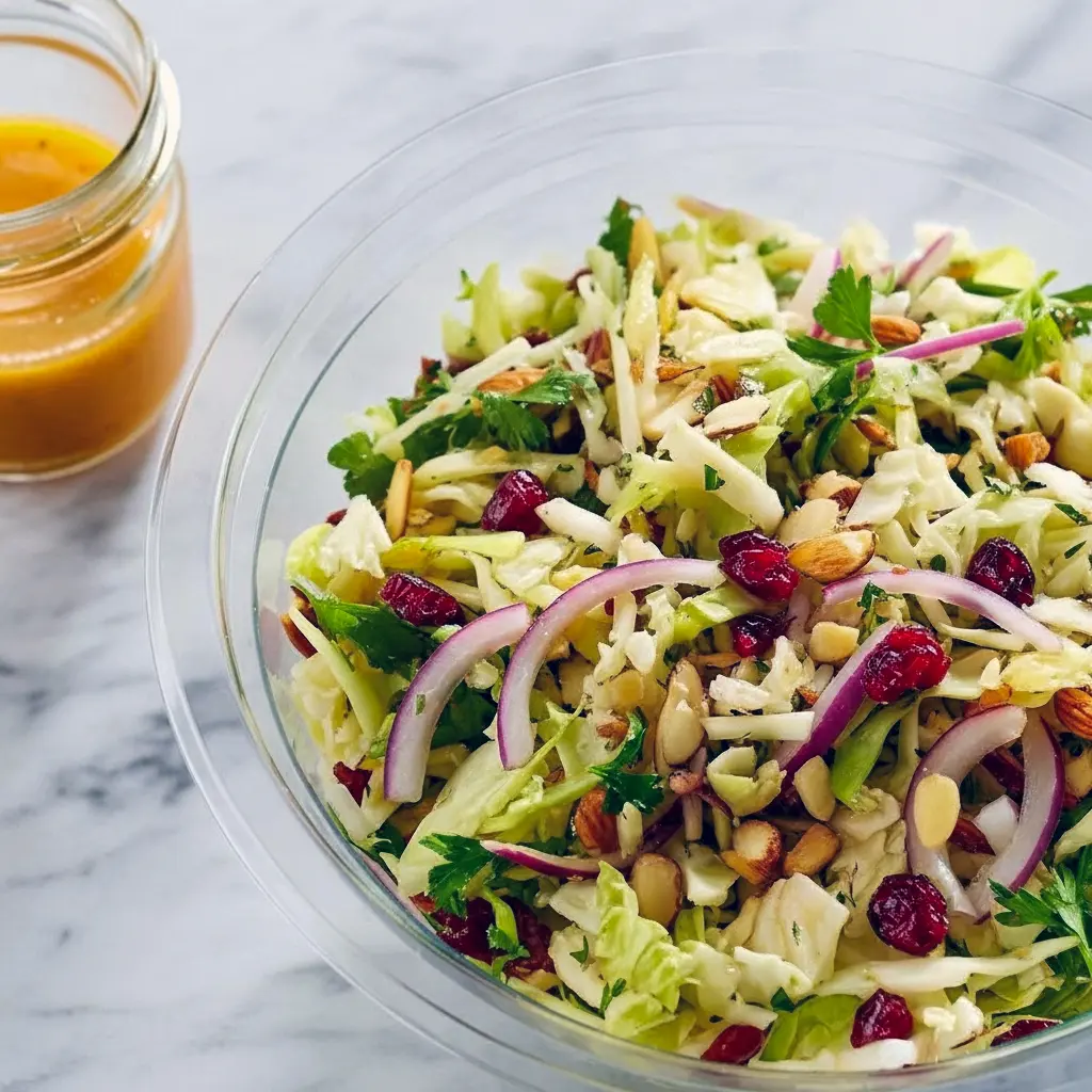 Close-up of shredded cabbage slaw with dried cranberries and toasted almonds, drizzled in vinaigrette — great for Aderezos Para Ensaladas, shown as a simple Slaw Recipes idea and a bright option among Thanksgiving Dishes and Thanksgiving Sides, Fall Coleslaw With Apples.