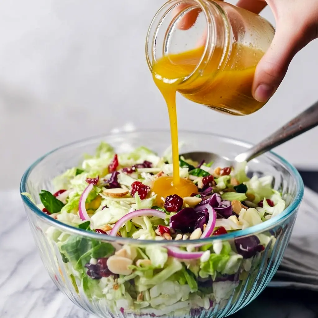 Close-up of shredded cabbage slaw with dried cranberries and toasted almonds, drizzled in vinaigrette — great for Aderezos Para Ensaladas, shown as a simple Slaw Recipes idea and a bright option among Thanksgiving Dishes and Thanksgiving Sides, Fall Coleslaw With Apples.