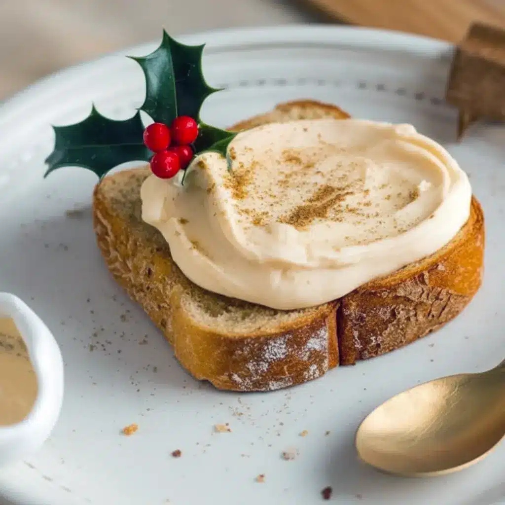 Jar of creamy eggnog jam beside buttered toast and a cinnamon stick, perfect for holiday breakfast, Breakfast Condiments.