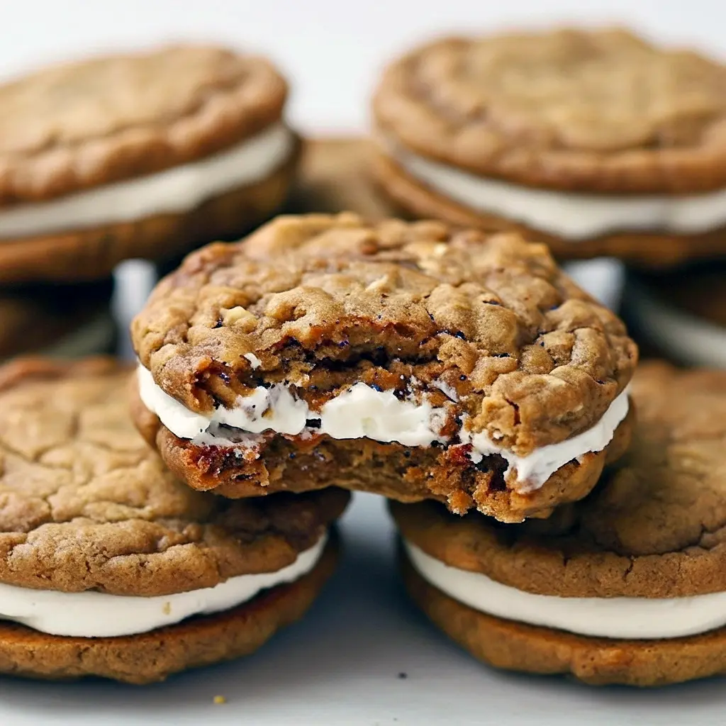 Oatmeal Gingerbread Cookies stacked and filled with white buttercream — a cozy Gingerbread Oatmeal Creme Pie that Tastes Better From Scratch Gingerbread Cookies, Gingerbread Oatmeal Cream Pies.