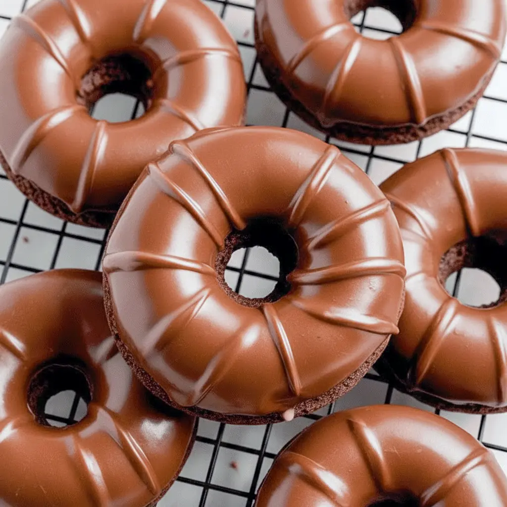 Chocolate protein donut with a glossy glaze and a light dusting of cocoa, stacked on a cooling rack, High Protein Baked Donuts.