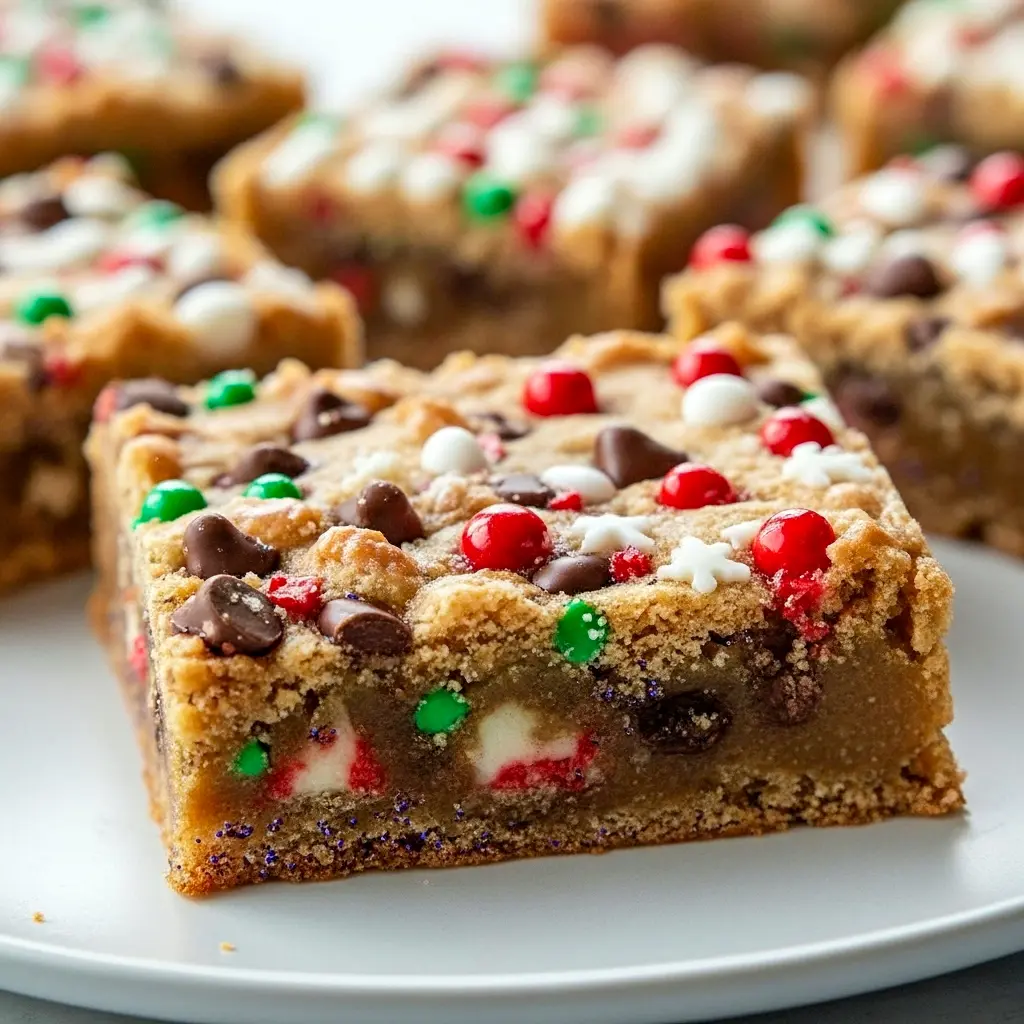 Overhead shot of an 9x13 pan of golden-brown Christmas cookie bars cut into squares, topped with colorful sprinkles and scattered chocolate chips, Holiday Cookie Tray.