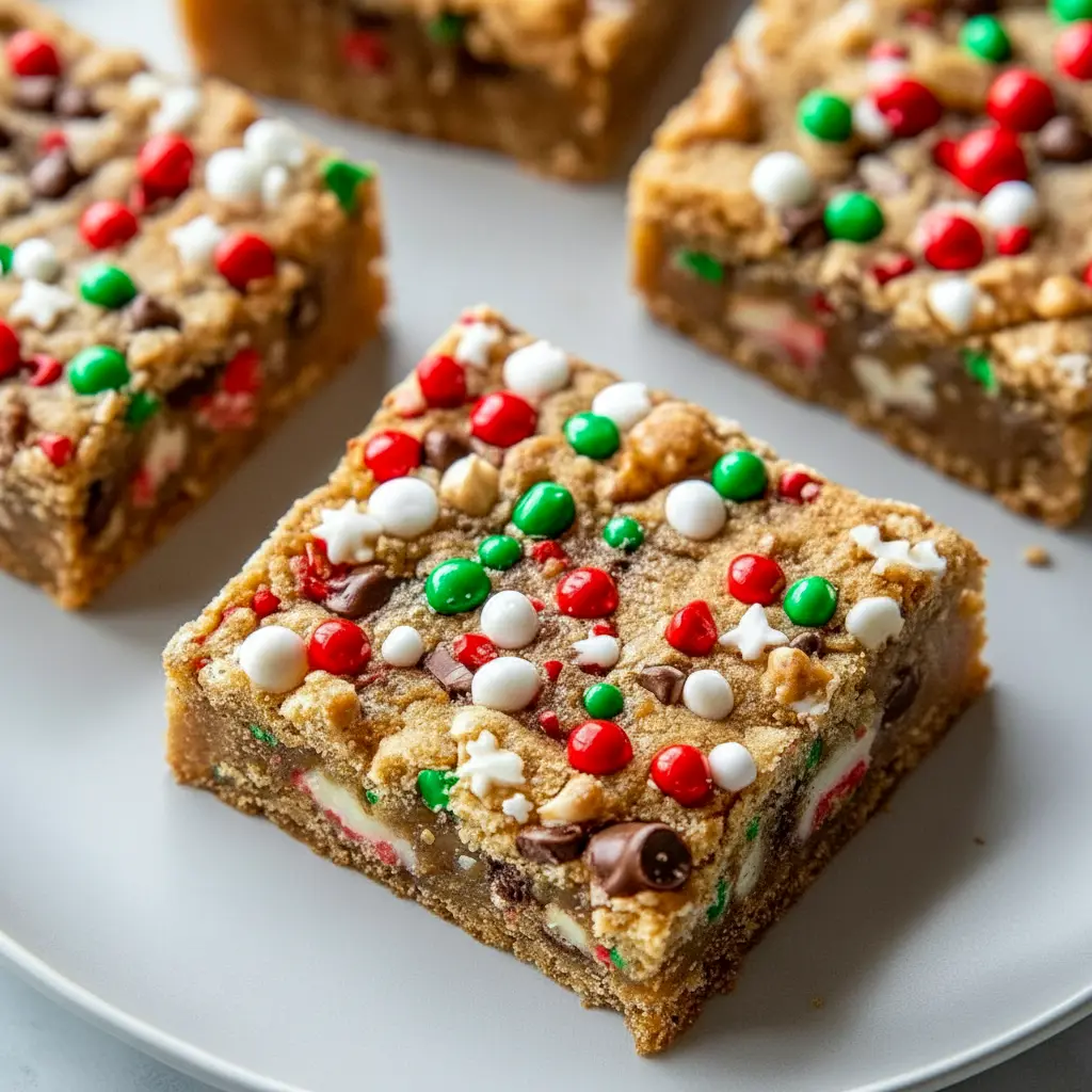 Overhead shot of an 9x13 pan of golden-brown Christmas cookie bars cut into squares, topped with colorful sprinkles and scattered chocolate chips, Holiday Cookie Tray.