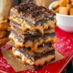 Close-up of gooey salted caramel brownies with crackled tops and caramel ribbons, cut into neat squares on parchment, Killer Brownie Recipe.