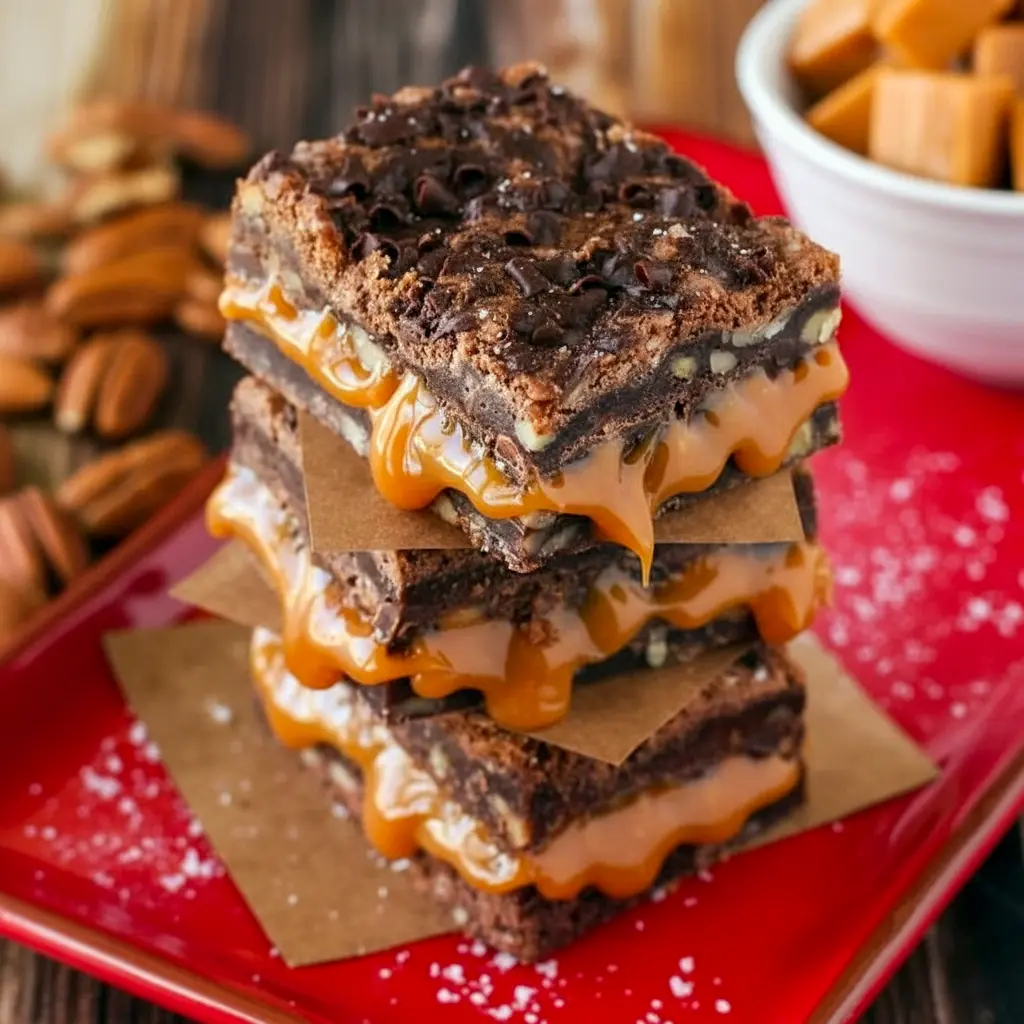 Close-up of gooey salted caramel brownies with crackled tops and caramel ribbons, cut into neat squares on parchment, Killer Brownie Recipe.