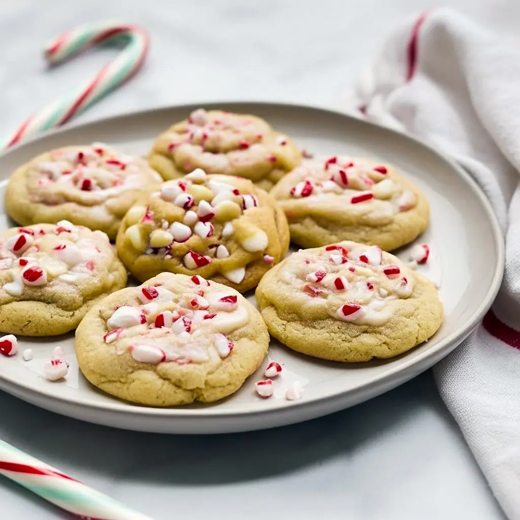 Close-up of warm white chocolate peppermint cookies on a festive plate, topped with crushed candy cane and a light dusting of sugar, Christmas Cookies With Peppermint.