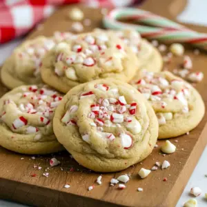 Close-up of warm white chocolate peppermint cookies on a festive plate, topped with crushed candy cane and a light dusting of sugar, Christmas Cookies With Peppermint.