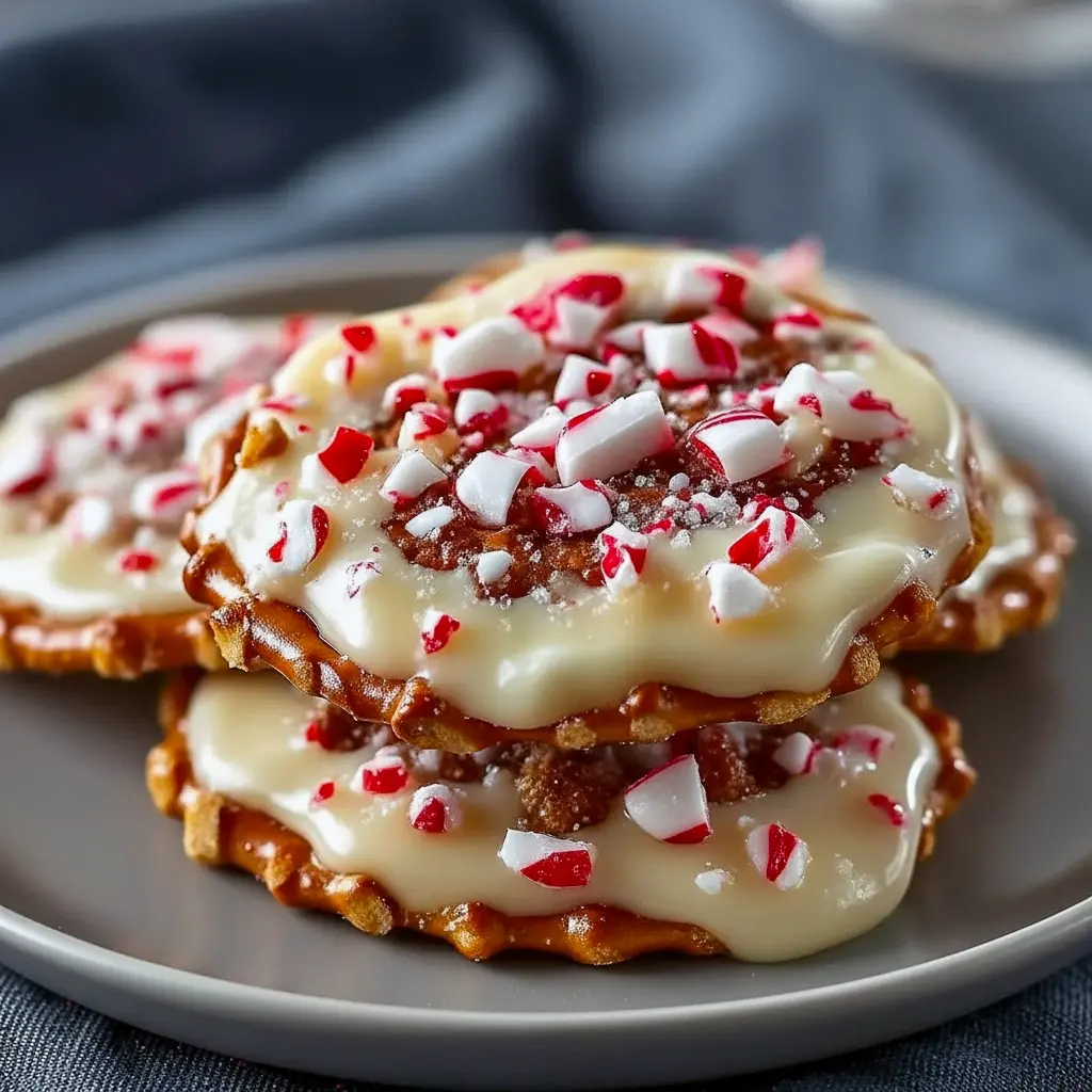White-chocolate-coated pretzel crisps topped with crushed peppermint, arranged on parchment for a festive holiday snack, Christmas Pretzel Treats.