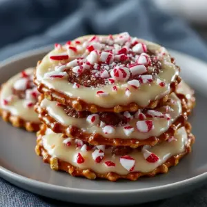 White-chocolate-coated pretzel crisps topped with crushed peppermint, arranged on parchment for a festive holiday snack, Christmas Pretzel Treats.