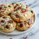 Close-up of chocolate chip cookies with white chocolate chips, red and green sprinkles, and a light dusting of powdered sugar on a white plate, Winter Wonderland Christmas Cookies.
