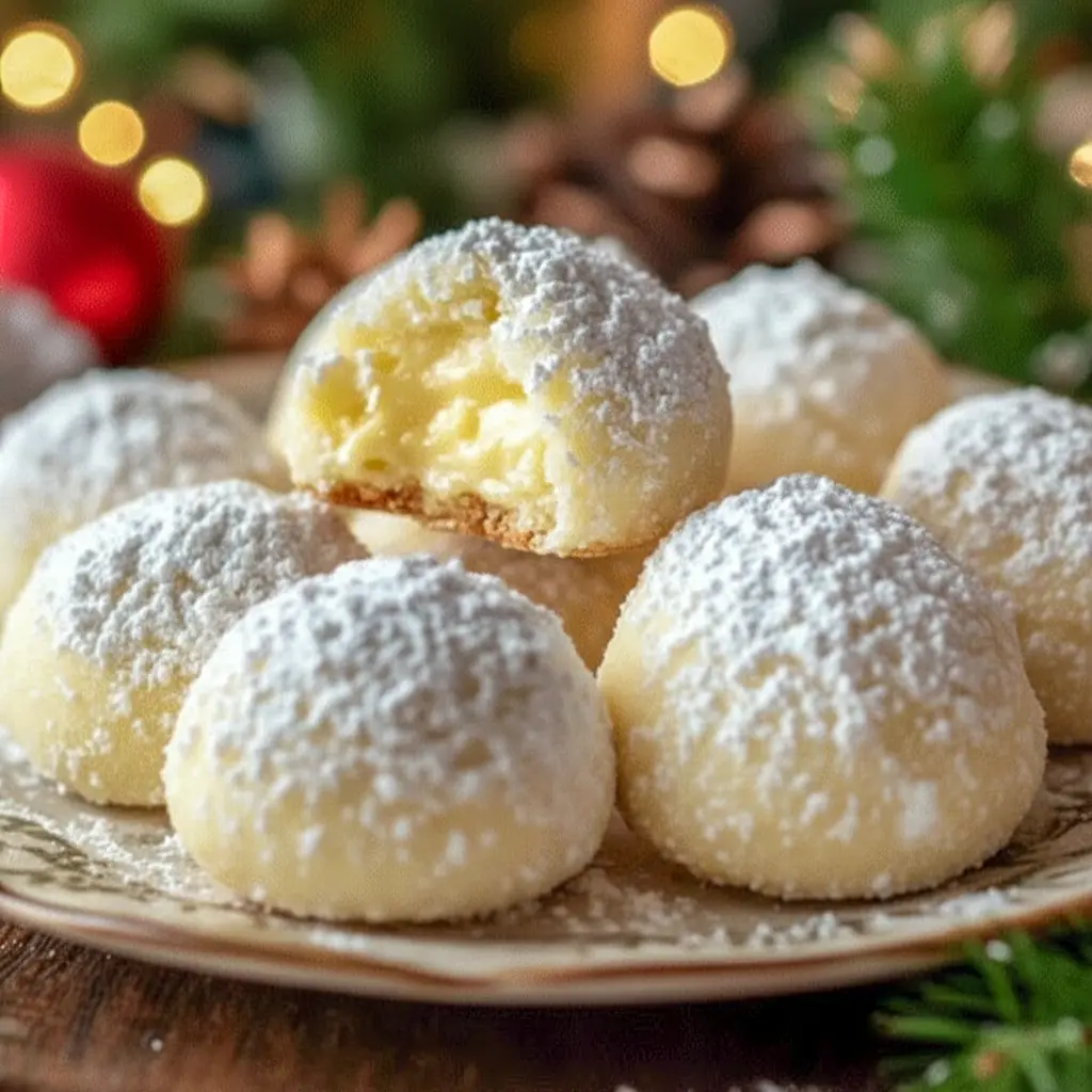 Lemon cream-filled snowball cookies dusted with powdered sugar, stacked on a holiday plate.