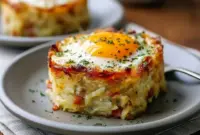 Breakfast And Brunch Ideas: golden baked eggs napoleon in puff pastry cups with spinach and melted cheese, garnished with chopped chives on a white plate.