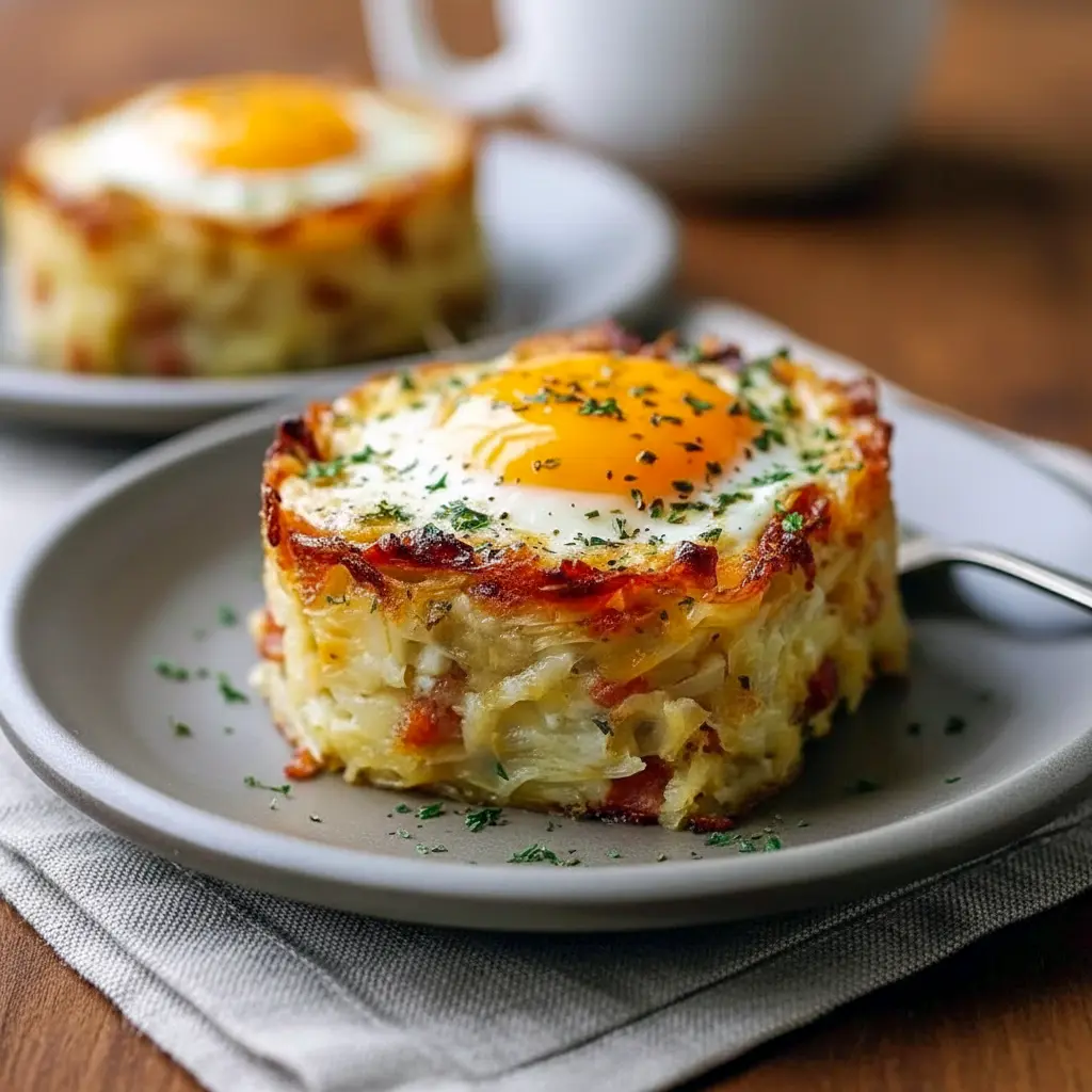 Breakfast And Brunch Ideas: golden baked eggs napoleon in puff pastry cups with spinach and melted cheese, garnished with chopped chives on a white plate.