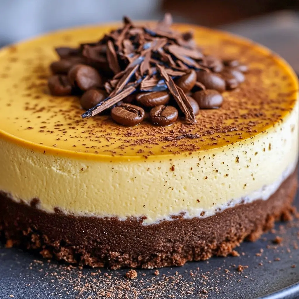 Slice of espresso-infused cheesecake with chocolate crust and a dusting of cocoa on a serving plate, Best Coffee Cheesecake.